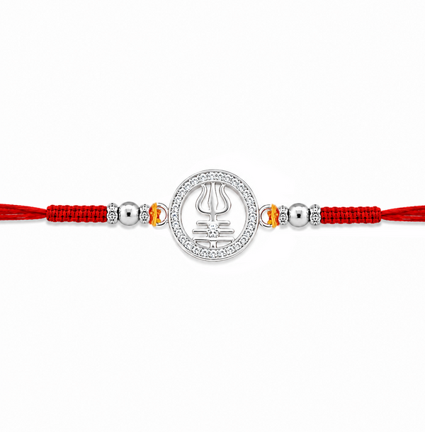 Trishul Rakhi – 925 Sterling Silver Trishul Rakhi with CZ Detailing & Red Thread