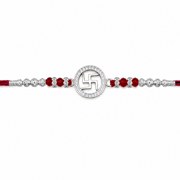 Shubh Swastik Silver Rakhi – 925 Sterling Silver Auspicious Swastik Rakhi with Ruby Red Crystal Beads