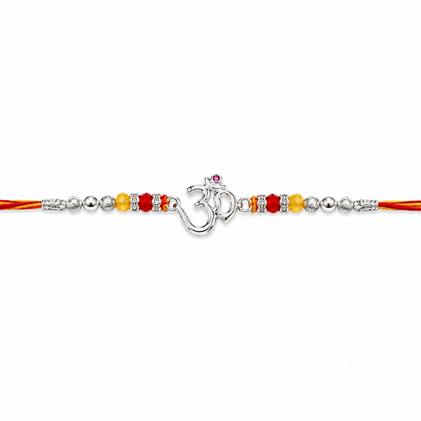 Om Rakhi – 925 Sterling Silver Divine Om Rakhi with Ruby & Golden Crystal Beads