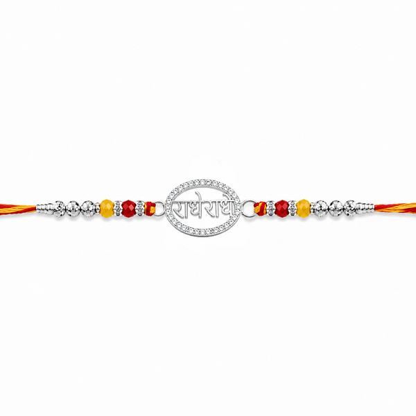 Radhe Radhe Rakhi – 925 Sterling Silver Divine Radhe Radhe Rakhi with Ruby & Golden Crystal Beads
