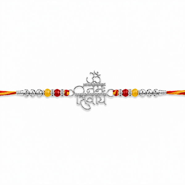 Om Namah Shivay Rakhi – 925 Sterling Silver Spiritual Rakhi with Red & Yellow Beads