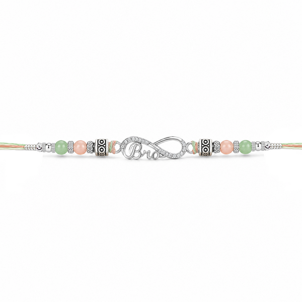 Bro Infinity Rakhi – 925 Sterling Silver Infinity Rakhi with Pastel Green & Peach Beads