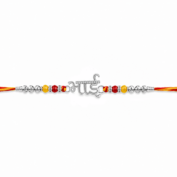 Bhai Rakhi – 925 Sterling Silver Rakhi with Red & Yellow Beads