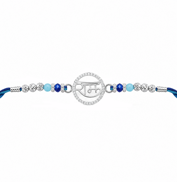 Ram Rakhi – 925 Sterling Silver Ram Symbol Rakhi with Sapphire Blue & Sky Blue Crystal Beads