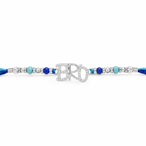 Bro Rakhi – 925 Sterling Silver Letter Rakhi with Blue & Aqua Beads