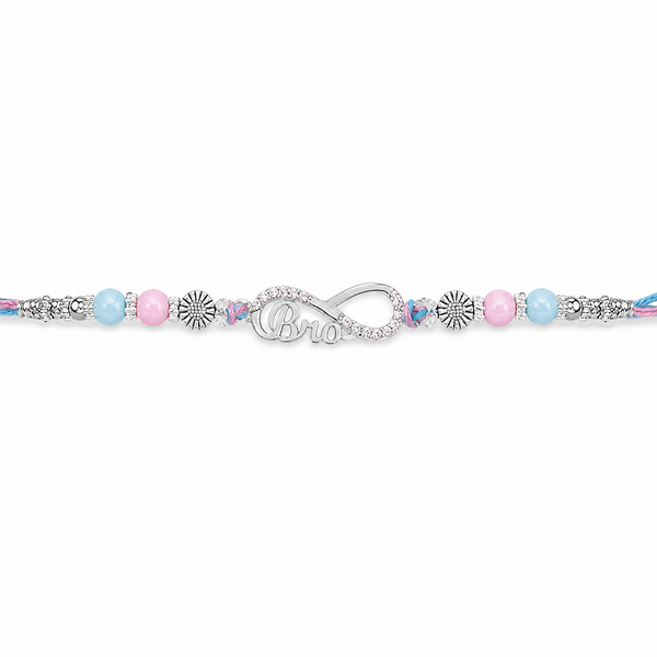 Bro Infinity Rakhi – 925 Sterling Silver Infinity Rakhi with Pastel Blue & Pink Beads
