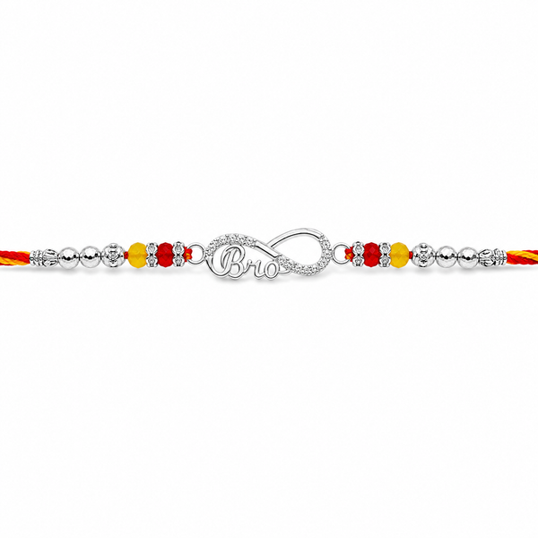 Bro Infinity Rakhi – 925 Sterling Silver Infinity Rakhi with Red & Yellow Crystal Beads