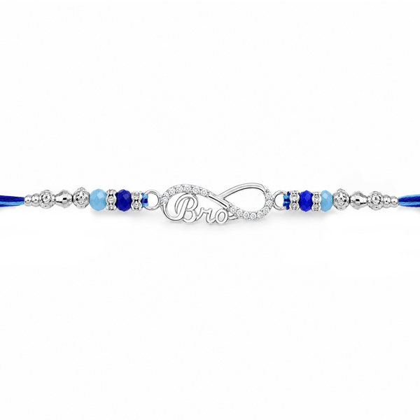 Bro Infinity Rakhi – 925 Sterling Silver Infinity Rakhi with Royal Blue & Sky Blue Crystal Beads