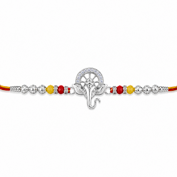 Bal Ganesha Silver Rakhi – 925 Sterling Silver Ganesha Rakhi with Ruby Red & Yellow Crystal Beads