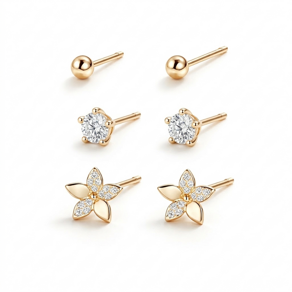 Pankhudi Trio Studs – 925 Sterling Silver 3-Pair Gold Stud Earrings Set