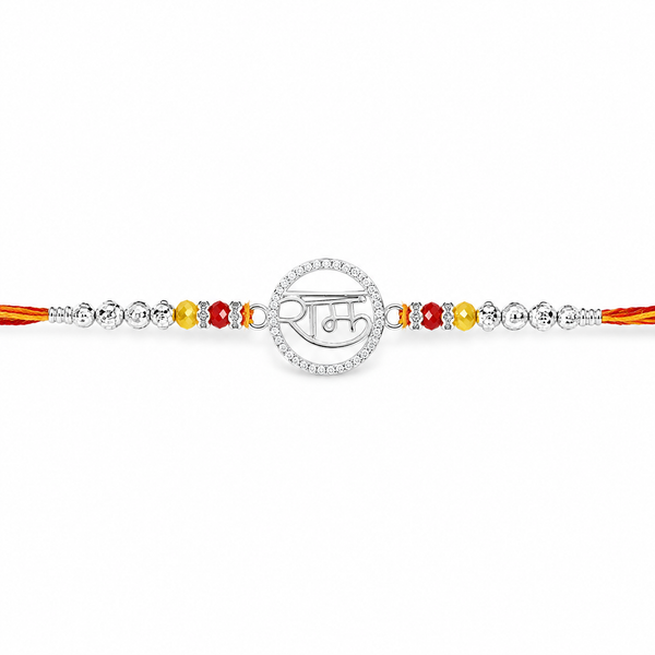 Ram Rakhi – 925 Sterling Silver Ram Rakhi with Ruby Red & Golden Yellow Crystal Beads