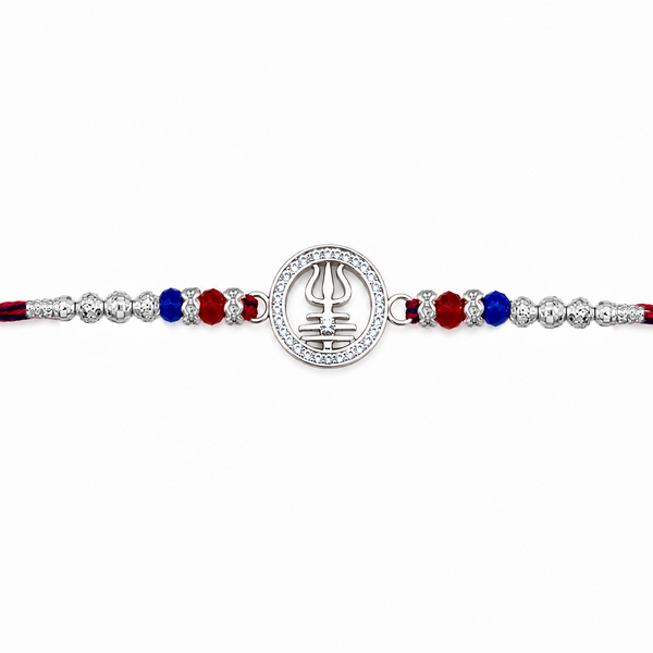 Trishul Crystal Silver Rakhi – 925 Sterling Silver Divine Trishul Rakhi with Red & Blue Crystal Beads