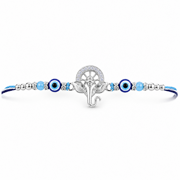 Ganesha Kavach Silver Rakhi – 925 Sterling Silver Evil Eye Rakhi with Sky Blue & Royal Blue Beads
