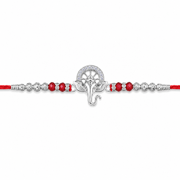 Bal Ganesha Silver Rakhi – 925 Sterling Silver Ganesha Rakhi with Ruby Red Crystal Beads