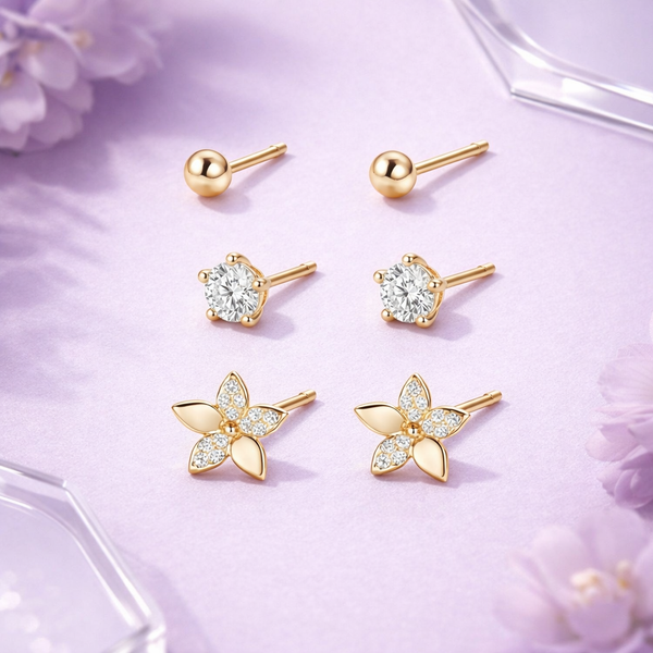 Pankhudi Trio Studs – 925 Sterling Silver 3-Pair Gold Stud Earrings Set