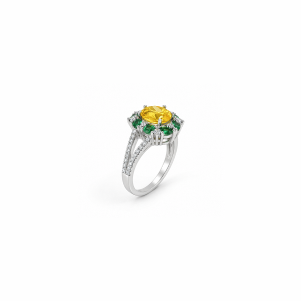 Ira Ring – 925 Sterling Silver Yellow & Emerald Halo Ring