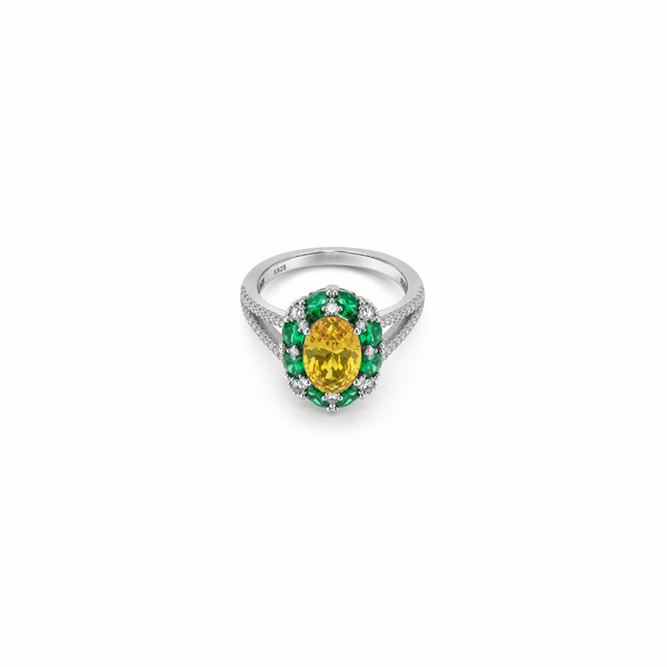 Ira Ring – 925 Sterling Silver Yellow & Emerald Halo Ring