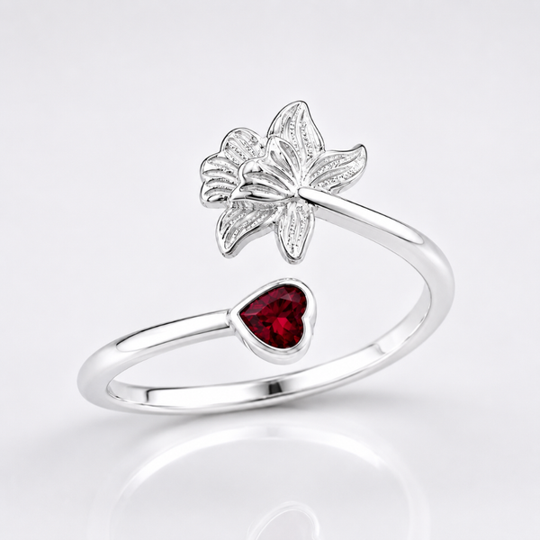 Flora Ring – 925 Sterling Silver Floral Open Ring with Ruby Red Heart CZ