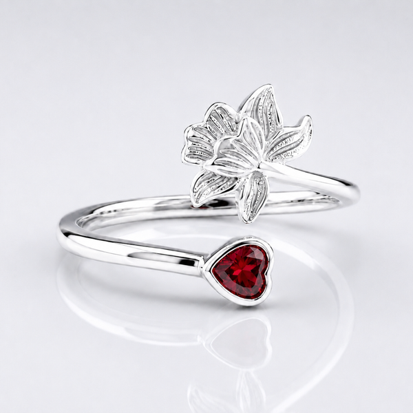 Flora Ring – 925 Sterling Silver Floral Open Ring with Ruby Red Heart CZ