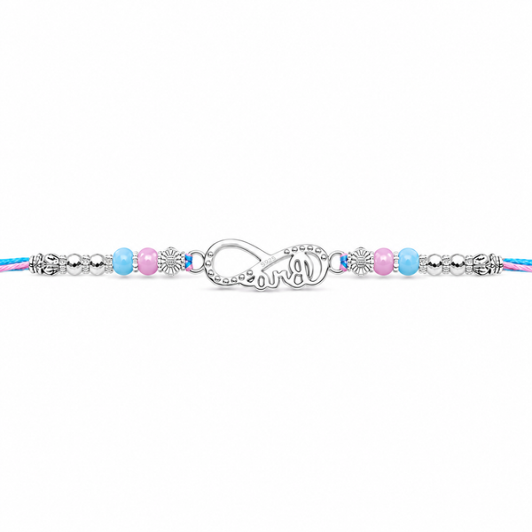 Bro Infinity Rakhi – 925 Sterling Silver Infinity Rakhi with Pastel Blue & Pink Beads