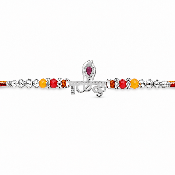 Krishna Rakhi – 925 Sterling Silver Rakhi with Pink Crystal, Red & Yellow Beads