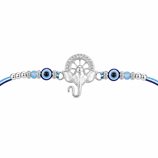 Ganesha Kavach Silver Rakhi – 925 Sterling Silver Evil Eye Rakhi with Sky Blue & Royal Blue Beads
