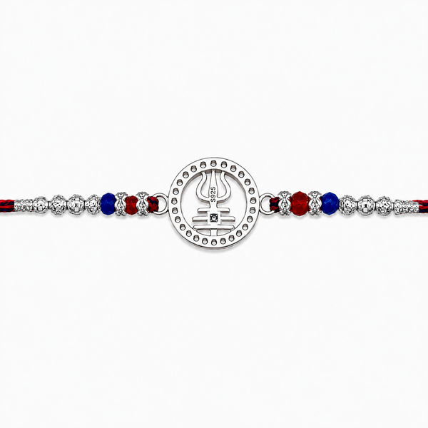 Trishul Crystal Silver Rakhi – 925 Sterling Silver Divine Trishul Rakhi with Red & Blue Crystal Beads