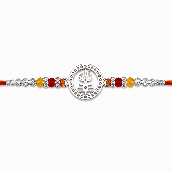 Trishul Crystal Silver Rakhi – 925 Sterling Silver Trishul Rakhi with Red, Amber & Yellow Crystal Beads