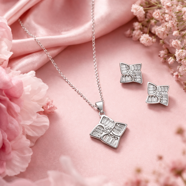 Elara Pendant Set – 925 Sterling Silver Geometric Floral Pendant & Earrings Set