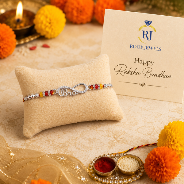 Bro Infinity Rakhi – 925 Sterling Silver Infinity Rakhi with Red & Yellow Crystal Beads