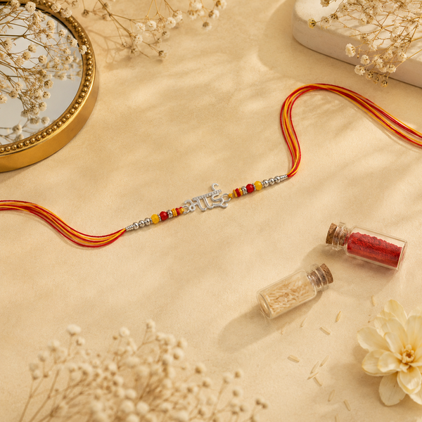 Bhai Rakhi – 925 Sterling Silver Rakhi with Red & Yellow Beads