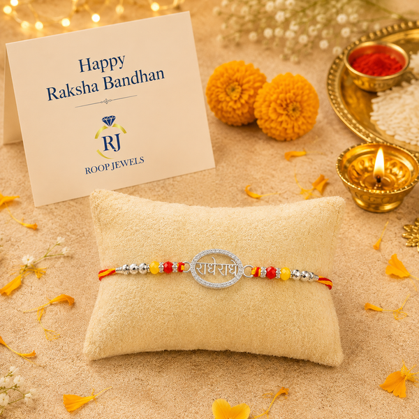 Radhe Radhe Rakhi – 925 Sterling Silver Divine Radhe Radhe Rakhi with Ruby & Golden Crystal Beads