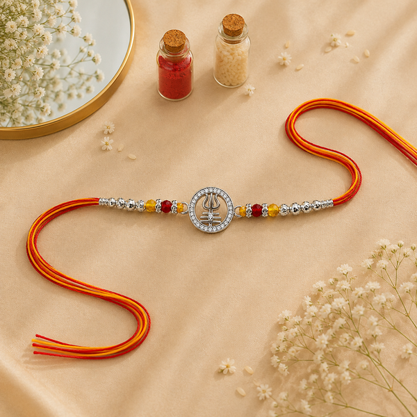 Trishul Crystal Silver Rakhi – 925 Sterling Silver Trishul Rakhi with Red, Amber & Yellow Crystal Beads