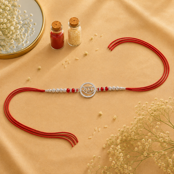 Ram Rakhi – 925 Sterling Silver Ram Symbol Rakhi with Ruby Red Crystal Beads