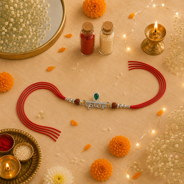Krishna Rakhi – 925 Sterling Silver Rakhi with Green Crystal & Rudraksha Beads