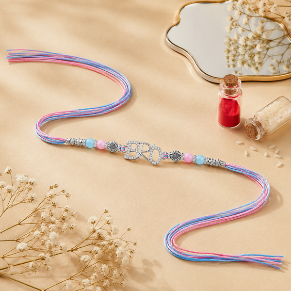 Bro Rakhi – 925 Sterling Silver Letter Rakhi with Pastel Blue & Pink Beads