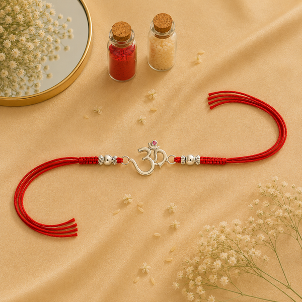 Om Rakhi – 925 Sterling Silver Divine Om Rakhi with Ruby Stone