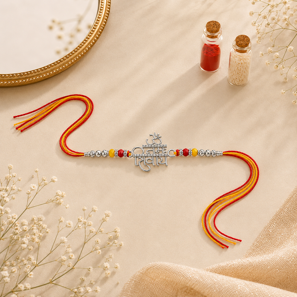 Om Namah Shivay Rakhi – 925 Sterling Silver Spiritual Rakhi with Red & Yellow Beads