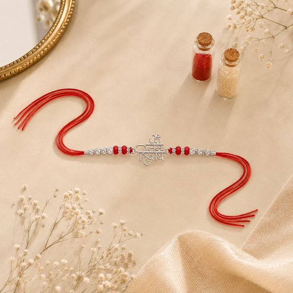 Om Namah Shivay Rakhi – 925 Sterling Silver Spiritual Rakhi with Crystal Beads