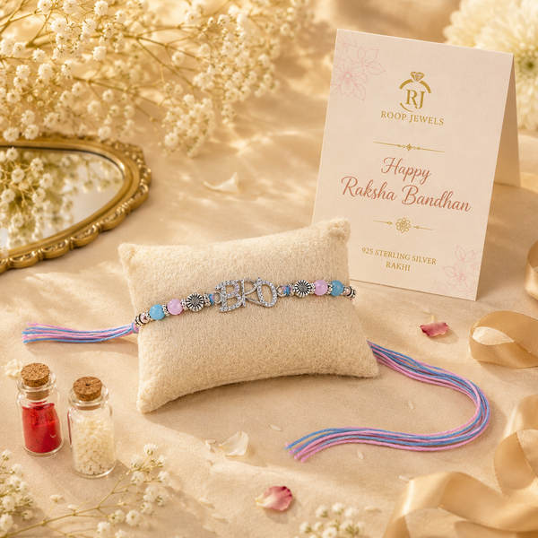 Bro Rakhi – 925 Sterling Silver Letter Rakhi with Pastel Blue & Pink Beads