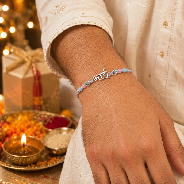 Bhai Rakhi – 925 Sterling Silver Rakhi with Pastel Pink & Blue Beads