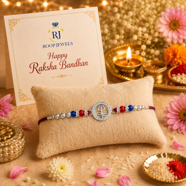Trishul Crystal Silver Rakhi – 925 Sterling Silver Divine Trishul Rakhi with Red & Blue Crystal Beads