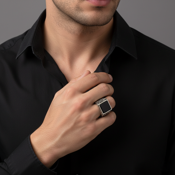 Shadow Grid Ring – 925 Sterling Silver Men’s Oxidized Statement Ring