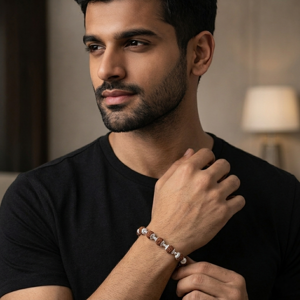 Rudra Shakti Bracelet – 925 Sterling Silver Rudraksha Beaded Bracelet for Men