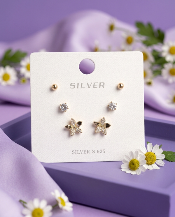 Pankhudi Trio Studs – 925 Sterling Silver 3-Pair Gold Stud Earrings Set