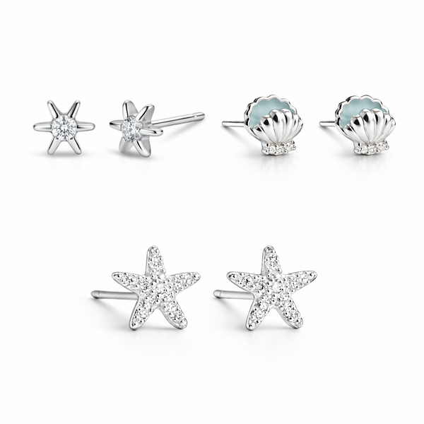 Ocean Trio Studs – 925 Sterling Silver 3-Pair Ocean-Inspired Stud Earrings Set