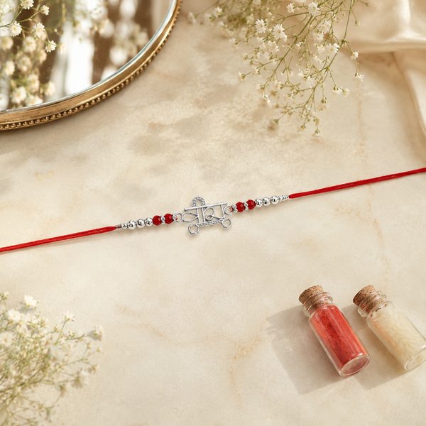 Veera Rakhi – 925 Sterling Silver Name Rakhi with Red Crystal Beads