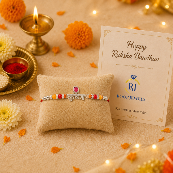 Krishna Rakhi – 925 Sterling Silver Rakhi with Pink Crystal, Red & Yellow Beads