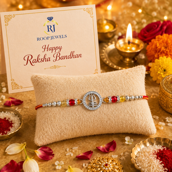 Trishul Crystal Silver Rakhi – 925 Sterling Silver Trishul Rakhi with Red, Amber & Yellow Crystal Beads