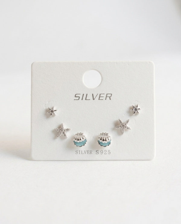 Ocean Trio Studs – 925 Sterling Silver 3-Pair Ocean-Inspired Stud Earrings Set